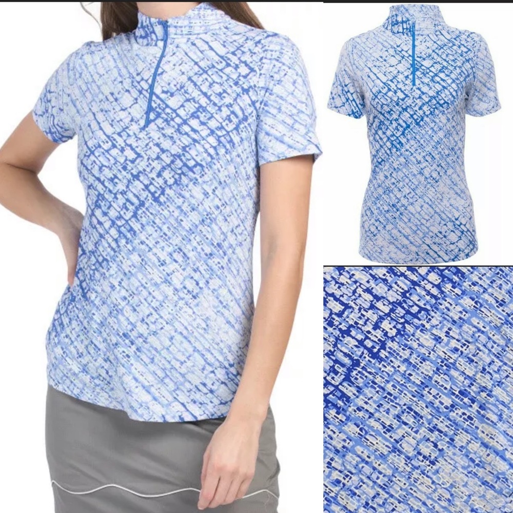 IBKUL Top Mock Neck Short sleeve Preppy Golf Tennis PickleBall Liz Denim Blue XS